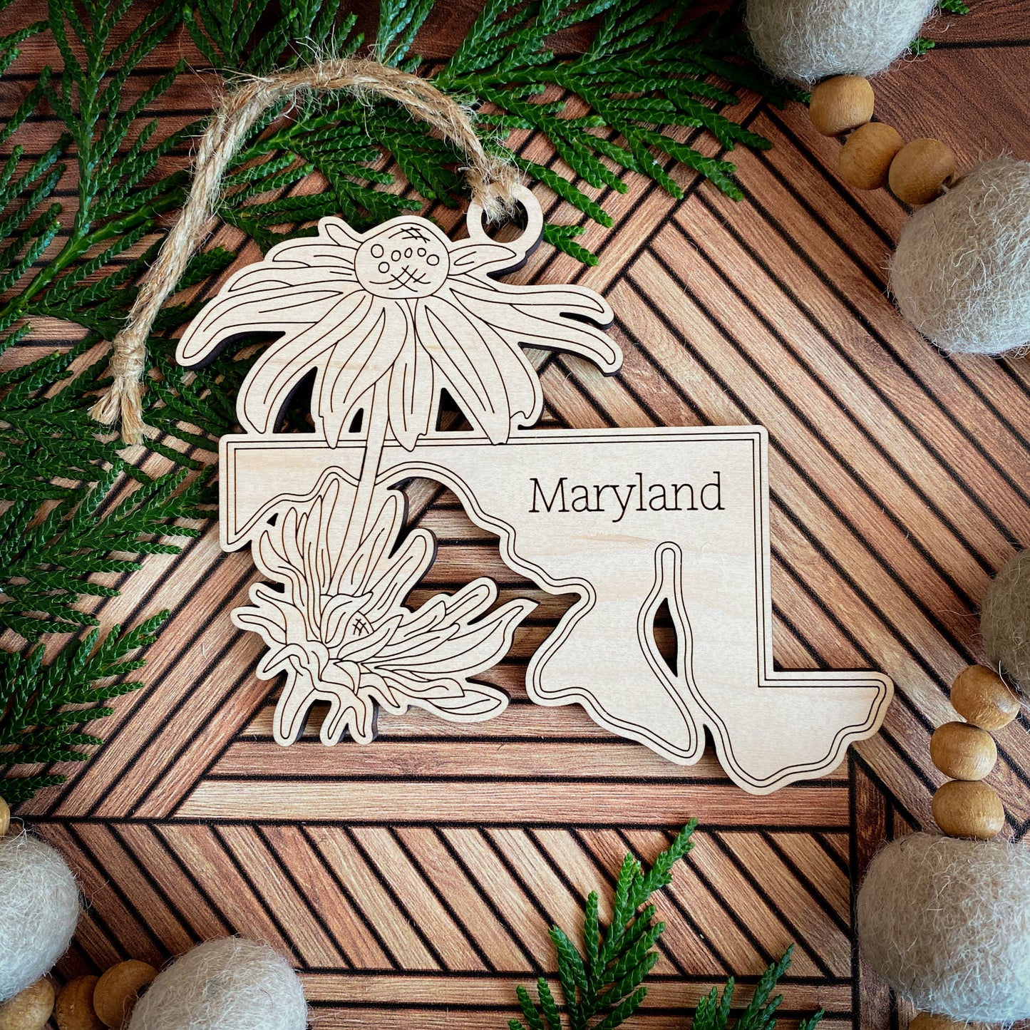 Wooden State Ornaments with State Flowers - Unique Christmas Tree Decor