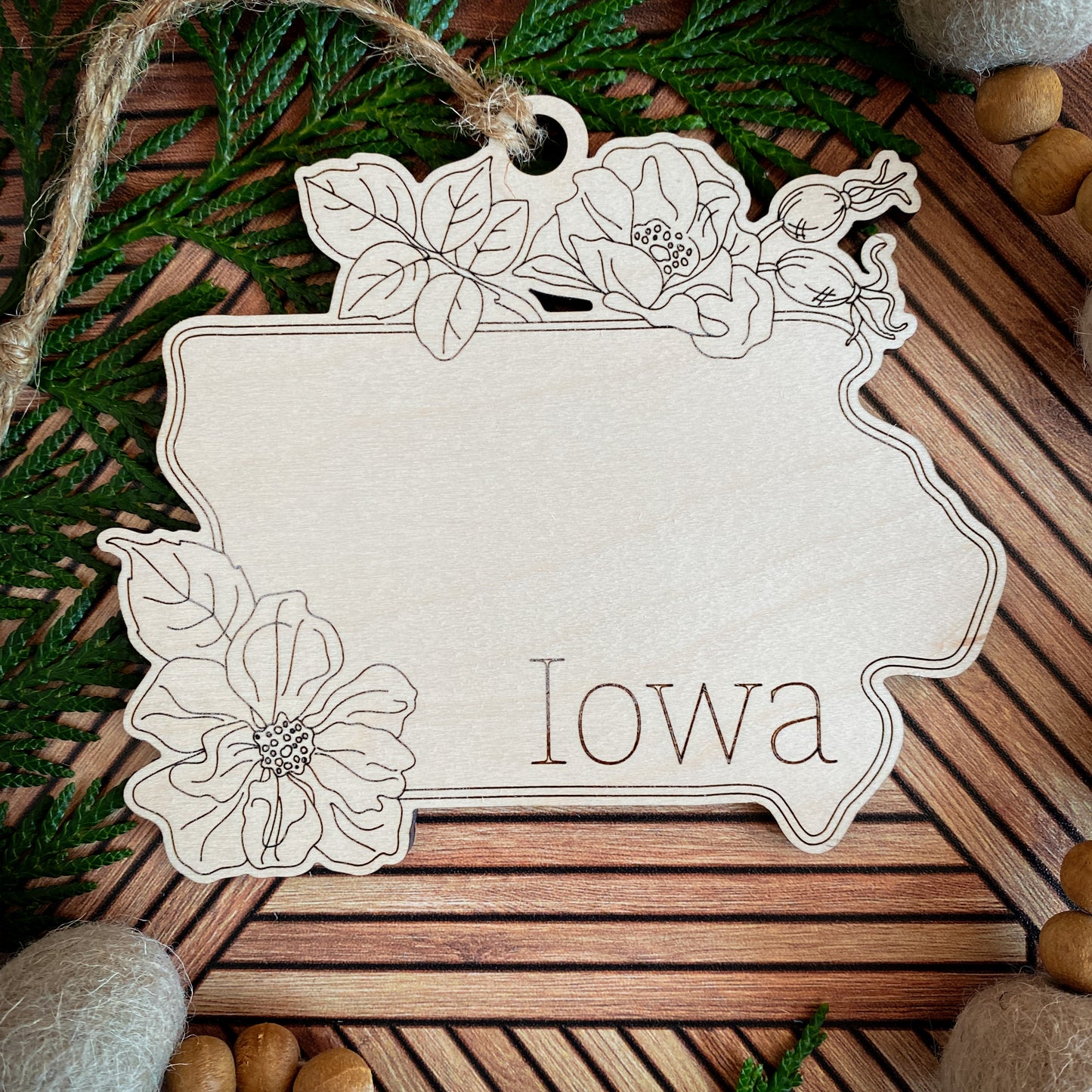 Wooden State Ornaments with State Flowers - Unique Christmas Tree Decor