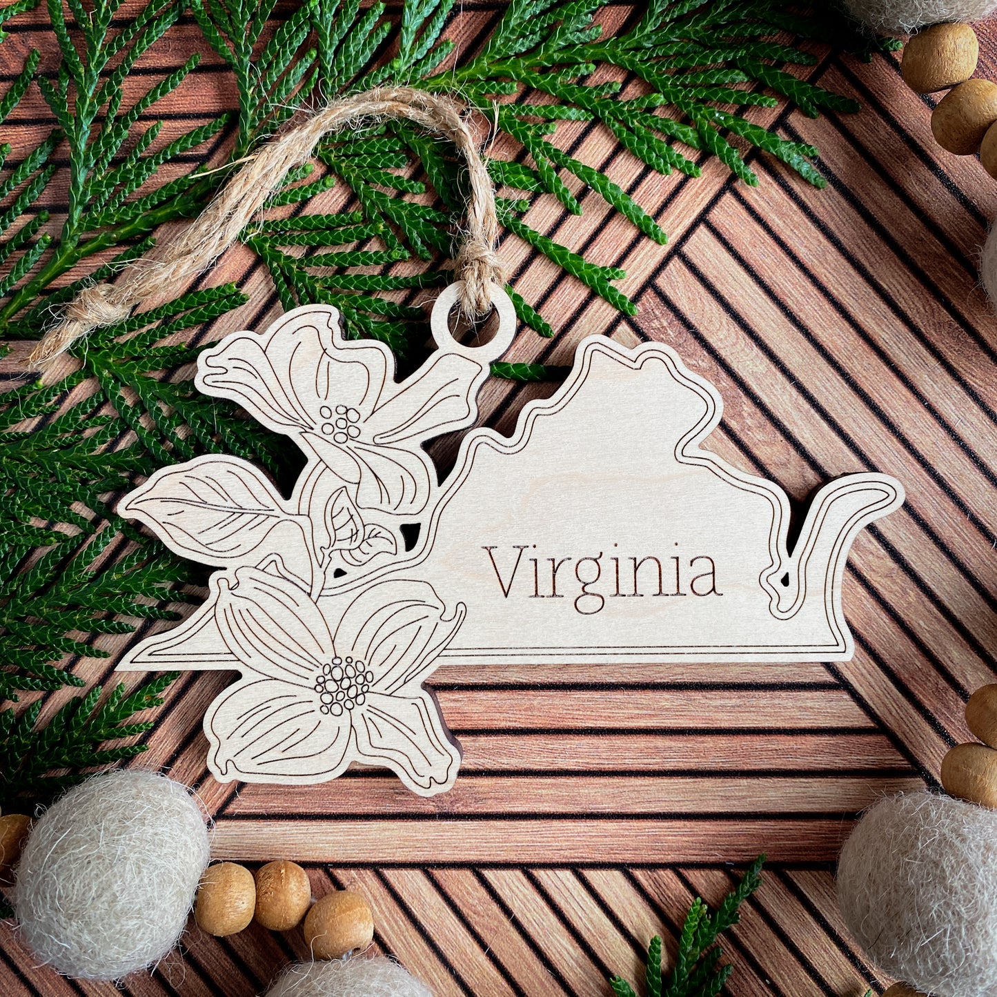 Wooden State Ornaments with State Flowers - Unique Christmas Tree Decor