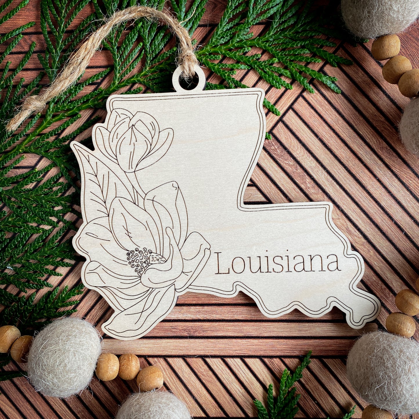 Wooden State Ornaments with State Flowers - Unique Christmas Tree Decor