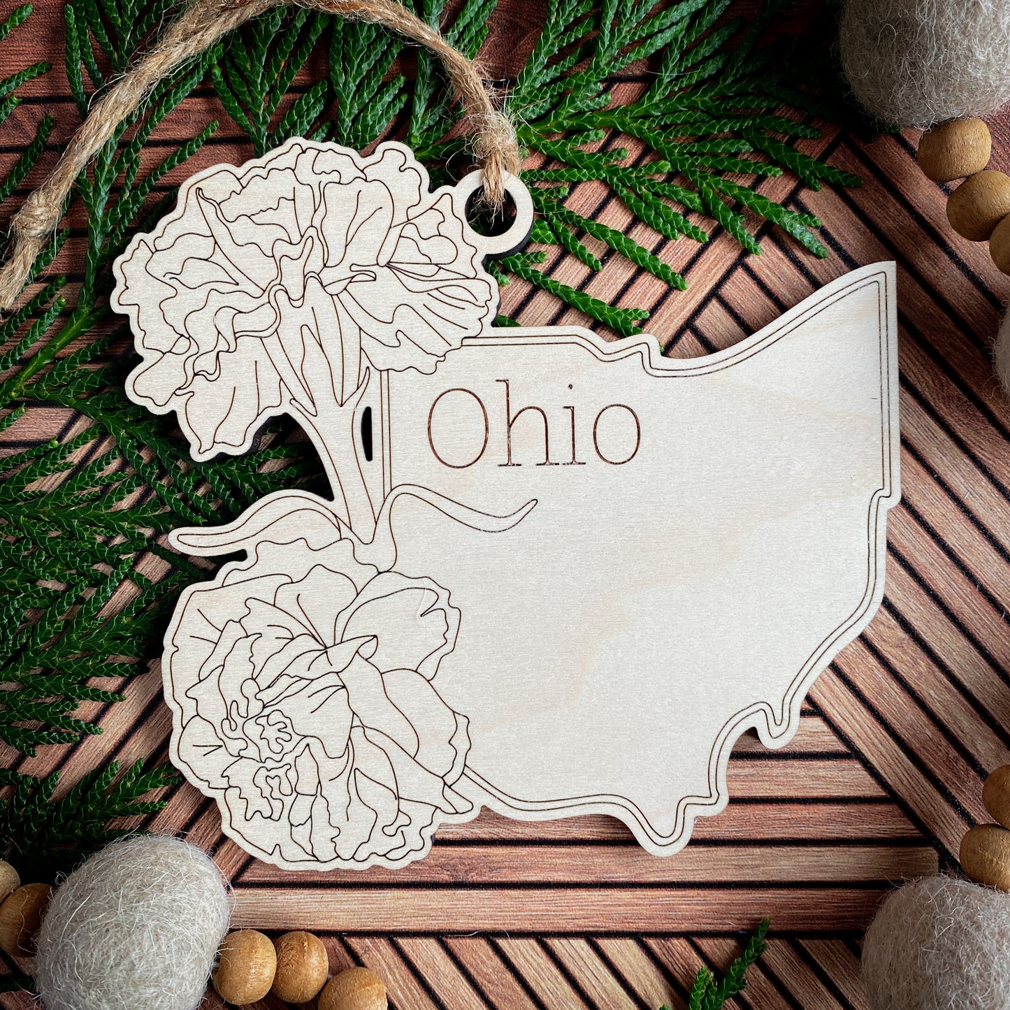 Wooden State Ornaments with State Flowers - Unique Christmas Tree Decor