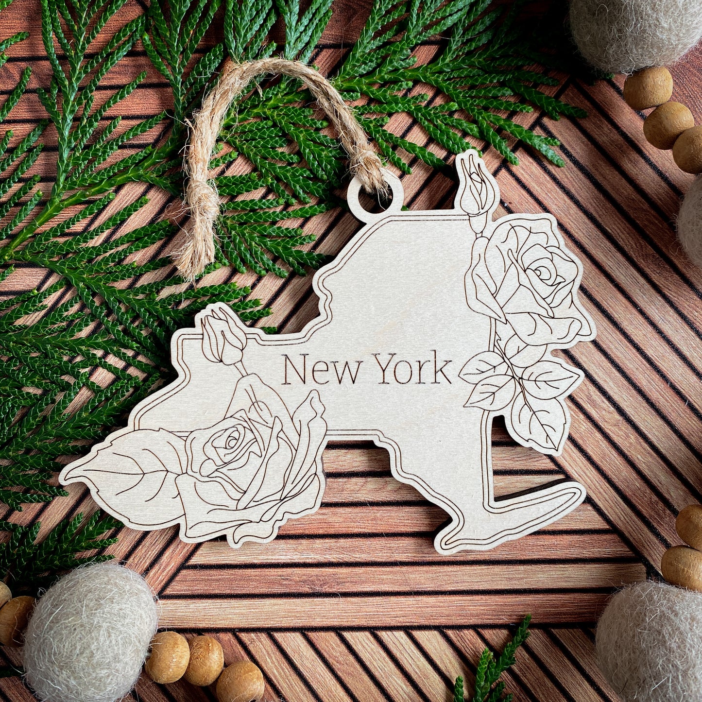 Wooden State Ornaments with State Flowers - Unique Christmas Tree Decor