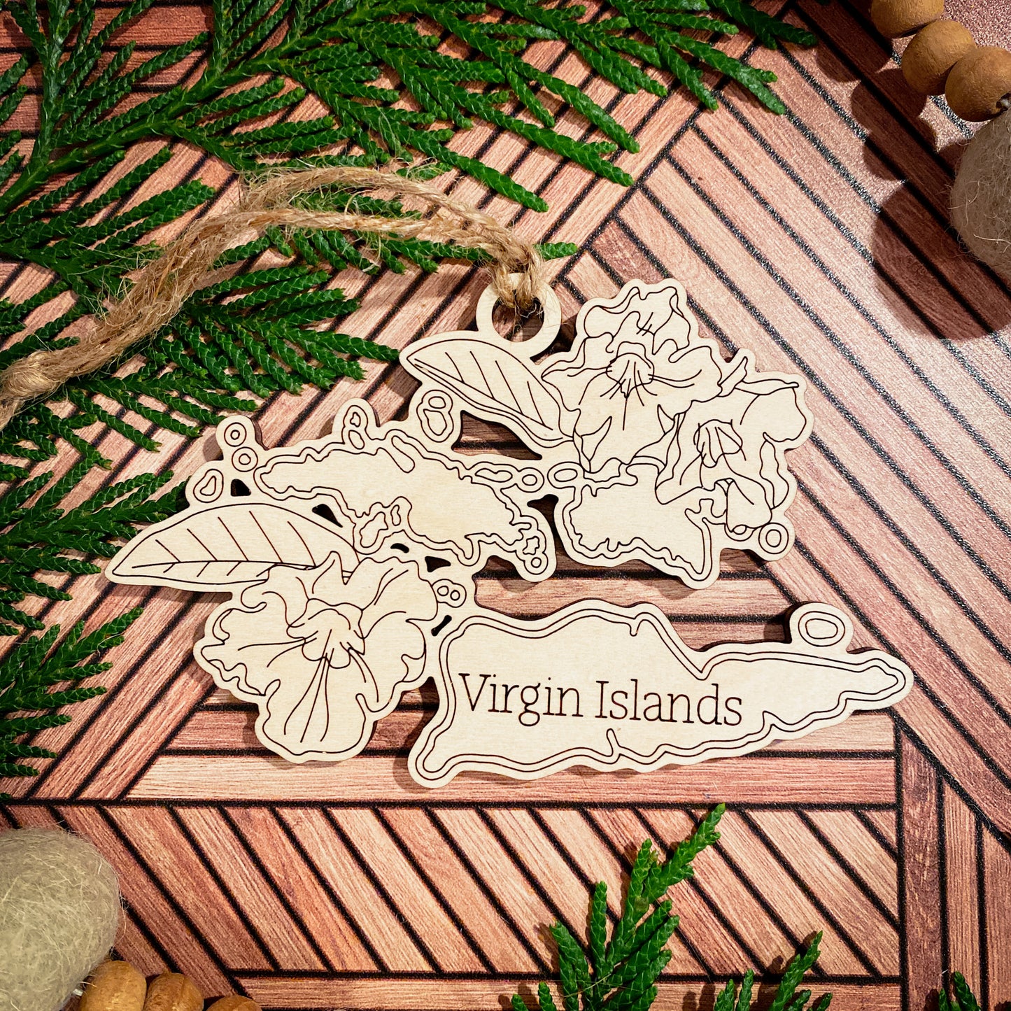 Wooden State Ornaments with State Flowers - Unique Christmas Tree Decor