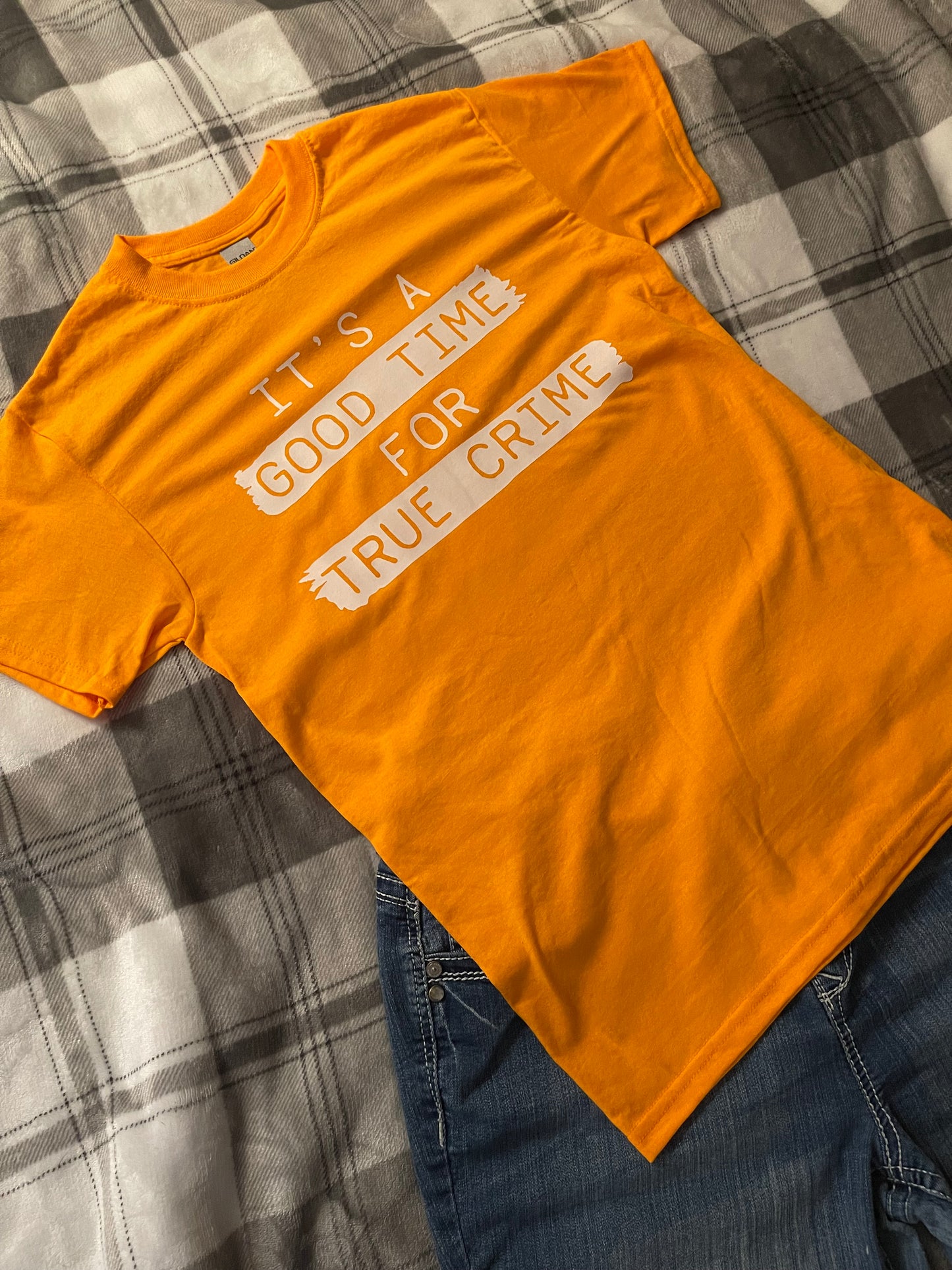 "Indulge Your Crime Obsession with Our 'It's a Good Time for True Crime' T-shirt