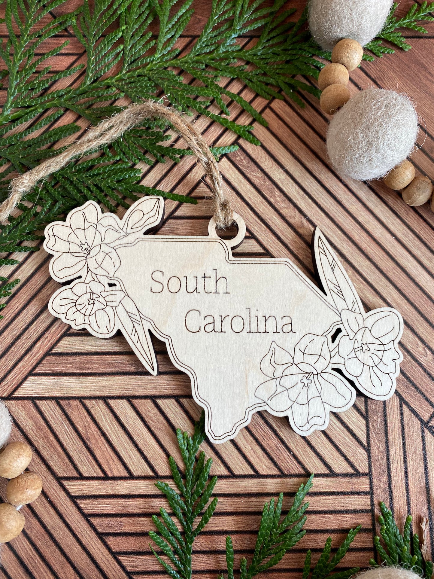 Wooden State Ornaments with State Flowers - Unique Christmas Tree Decor